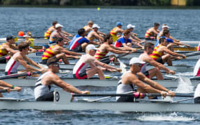 Rowers on Lake Karapiro on the first day of the 2016 championships.
