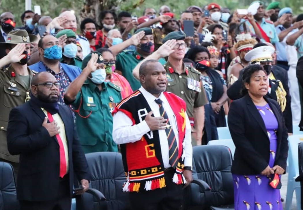 Papua New Guinea's Prime Minister James Marape (centre) and wife Rachel Marape at a ceremony to mark the 45th anniversary of PNG gaining independence, 16 September 2020.