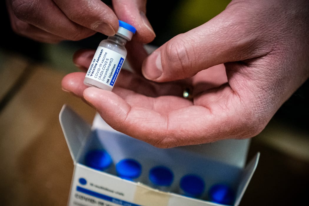 Phials of Johnson & Johnson Janssen Covid-19 vaccines pictured on 12 April 2021 at a distribution centre in the Netherlands.