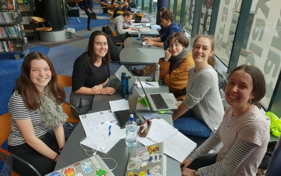 Liv Hartley-House, Eva Mackle, Miro MacDonald, Josie Greenwood and Phoebe  Lederman at Wellington Library.