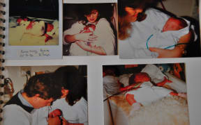 A series of photographs showing Rosie Peck as a baby. The top left image shows her at eight days old, next to a 7cm tall teddy.