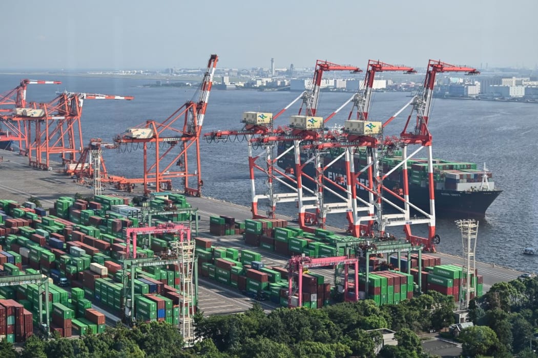 Containers and a cargo ship are seen at the international cargo terminal at the port in Tokyo on August 17, 2020.