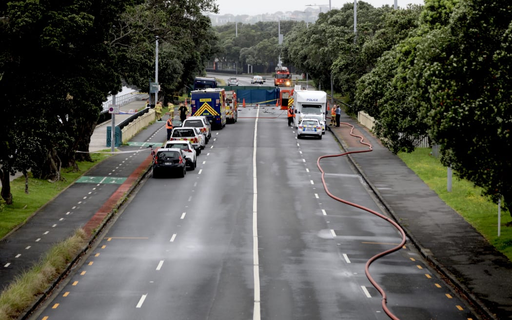 Scene in Auckland of electric bus crash with car
