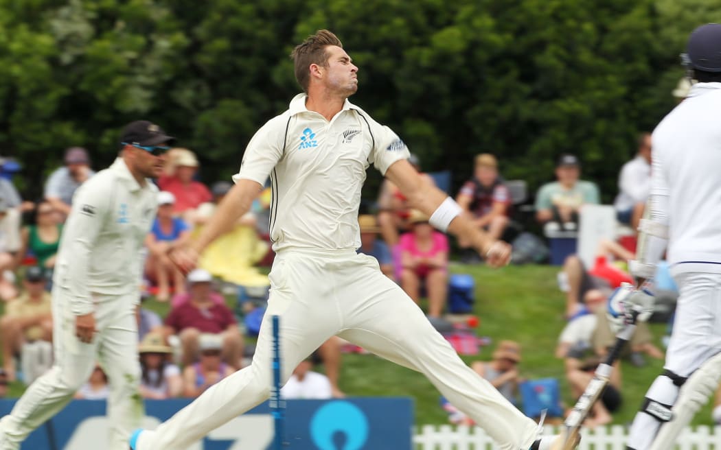Tim Southee of the Black Caps bowling on Day 2 of the boxing Day Cricket Test Match between the Black Caps v Sri Lanka at Hagley Oval, Christchurch. 27 December 2014 Photo: Joseph Johnson / www.photosport.co.nz