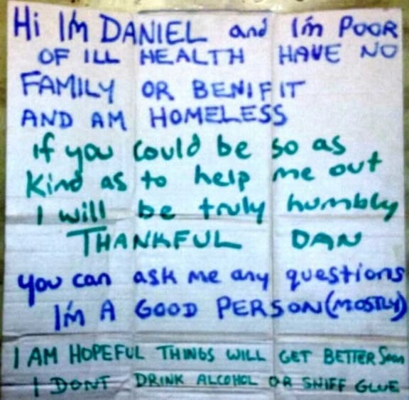 Begging in New Zealand: Daniel's sign