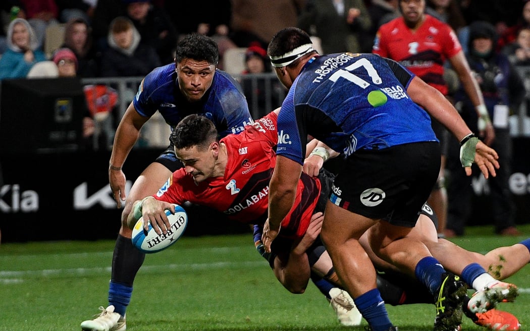 Will Jordan of the Crusaders scores a try during the Super Rugby Pacific Semi Final against the Blues, 2025.