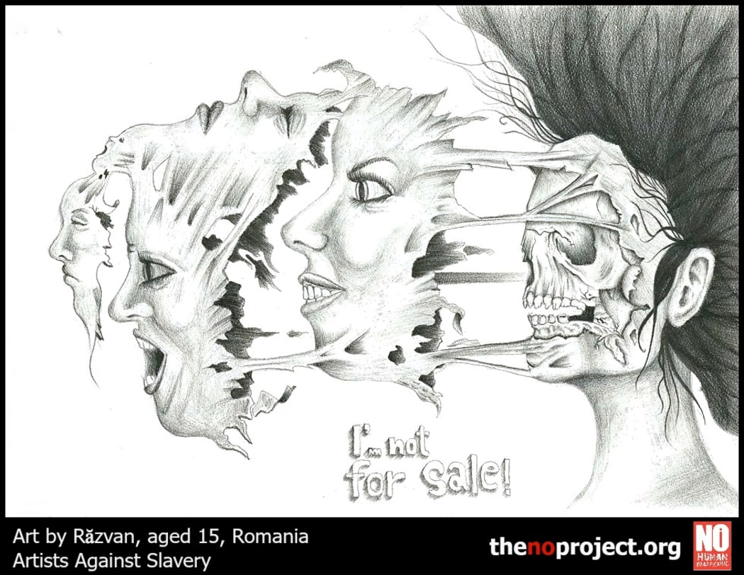 Artists against slavery... 15 year old Romanian Răzvan with 'I am not for sale'