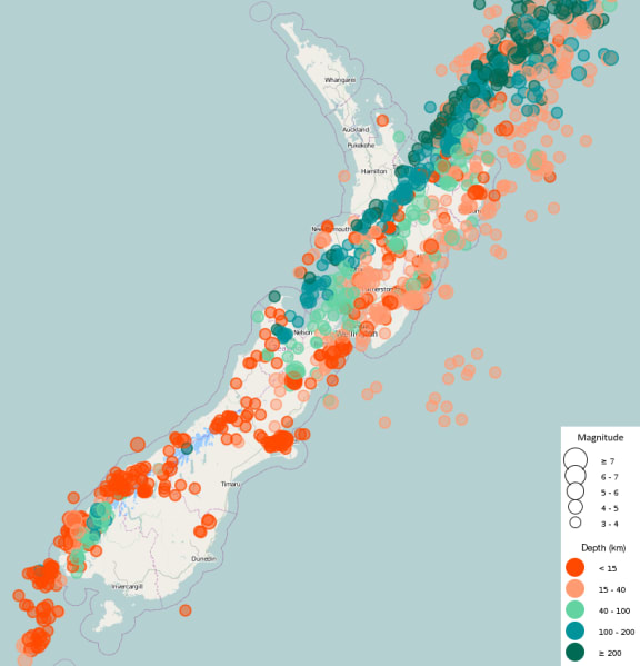 Map of NZ showing earthquake distribution