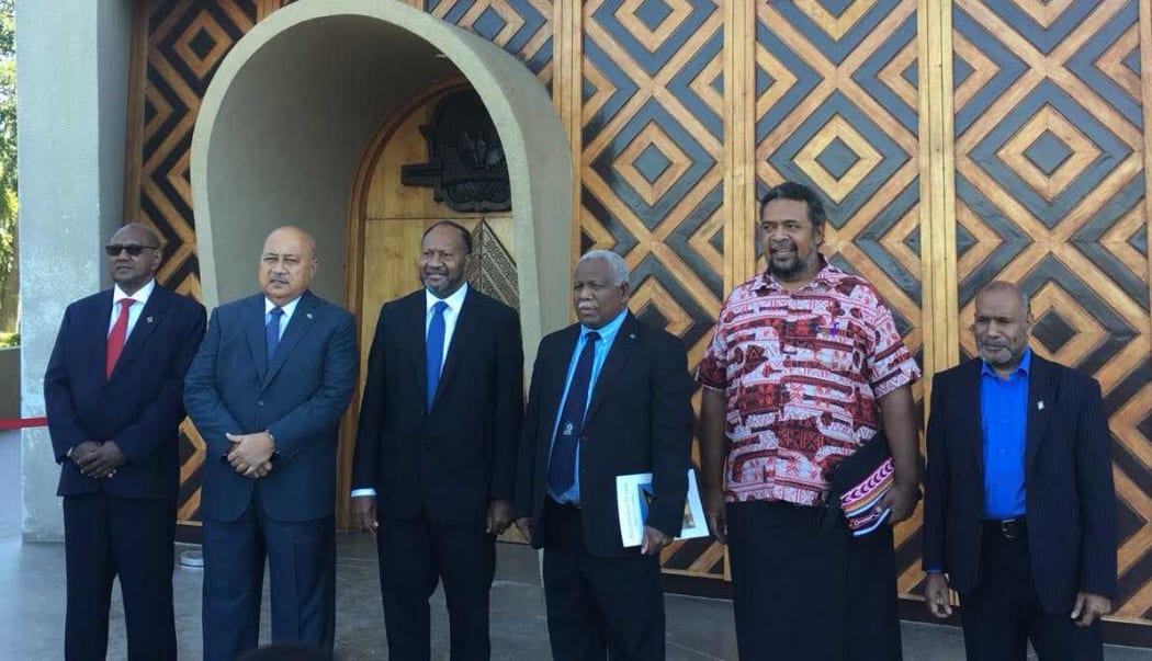 Leading delegates at the 2018 Melanesian Spearhead Group summit in Port Moresby, including Charlot Salwai and Rick Hou, prime ministers of Vanuatu and Solomon Islands (third and fourth from the left) and West Papuan leader Benny Wenda far right).