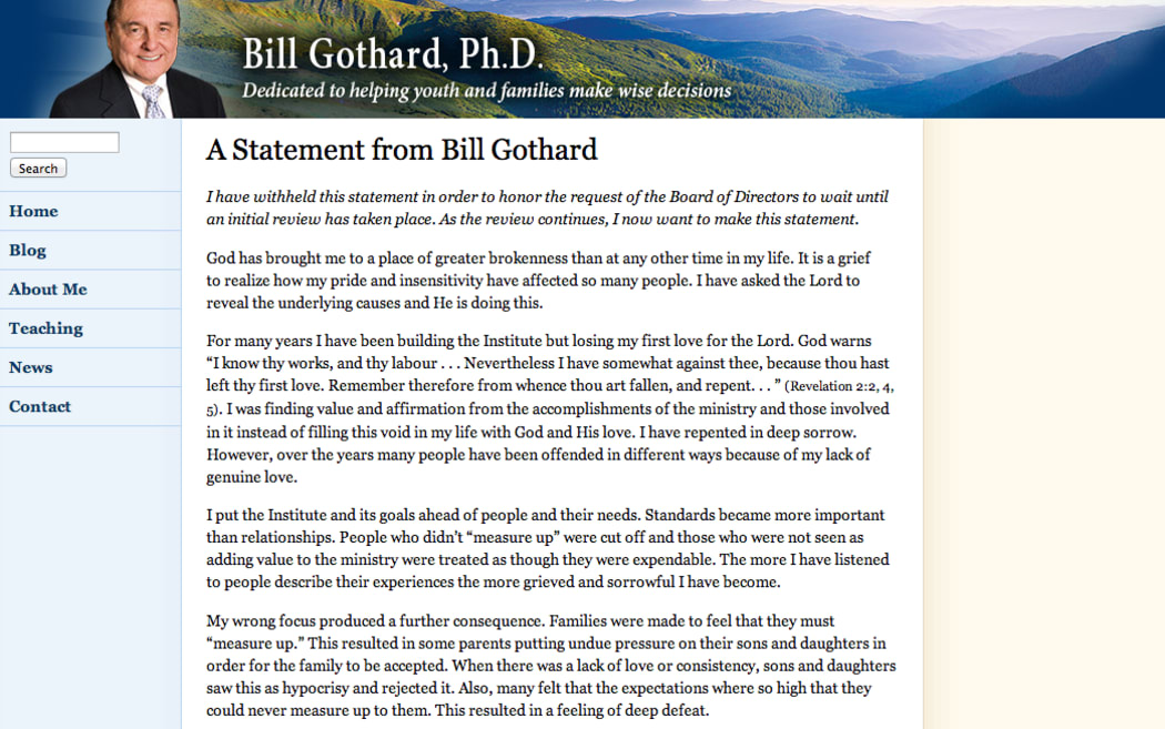 A screenshot of a new deleted statement on Bill Gothard's website about the allegations.