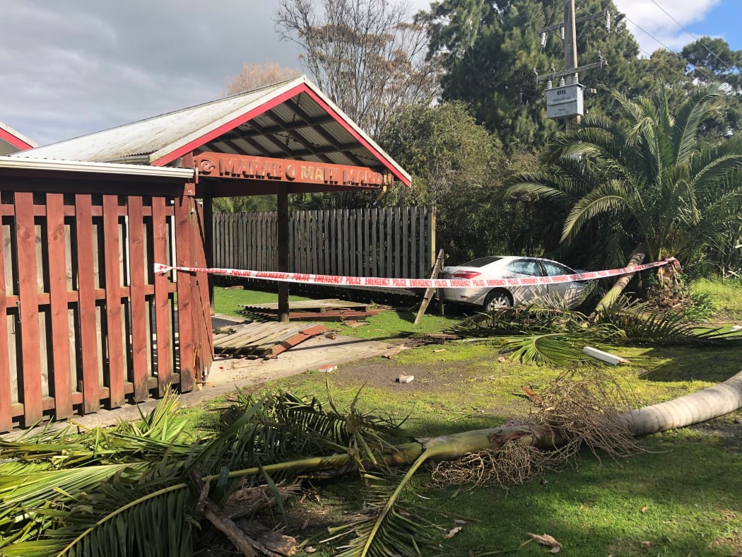 Damage to the Mahimaru marae following the crash.