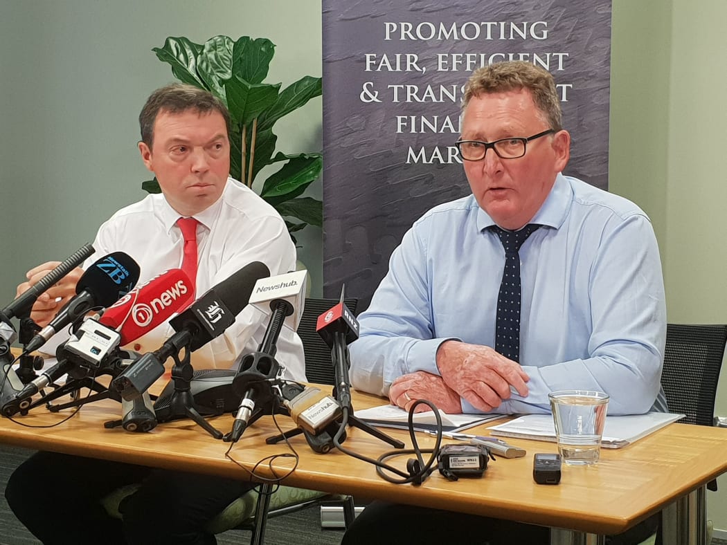 Financial markets authority head Rob Everett (left) and RBNZ Governor Adrian Orr talk about the insurance report.