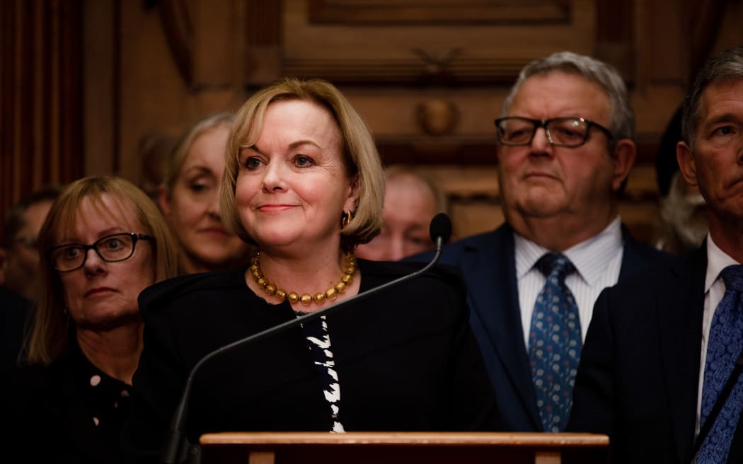 National Party leader Judith Collins addresses media alongside deputy leader Gerry Brownlee following the emergency caucus meeting on 14 July.