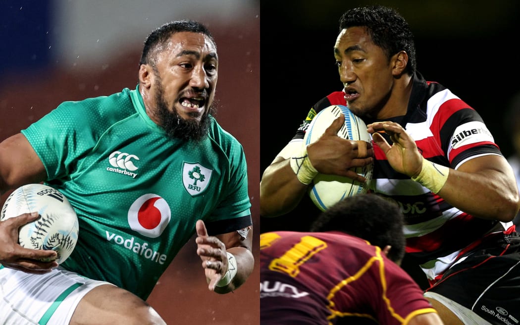 Bundee Aki on way to scoring against the Maori All Blacks in 2022 and in action for Counties Manukau in 2013.