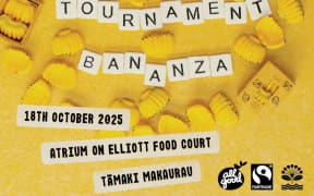 A poster for the Banangrams Tournament Bananza. It has yellow tokens on a flat surface.