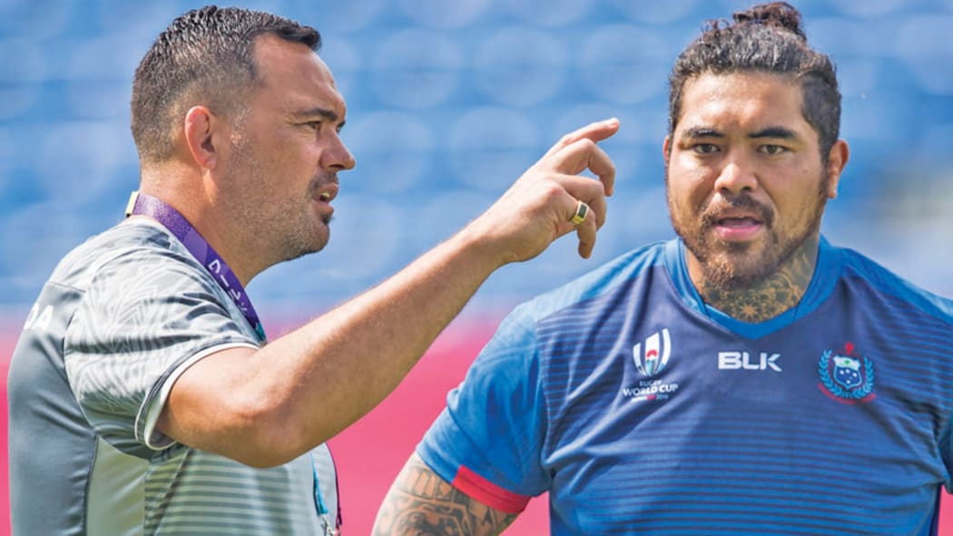 Samoa coach Steve Jackson and number eight Afasetiti Amosa, who is now out of  RWC 2019
