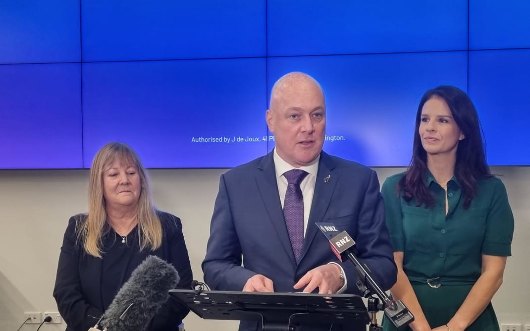 Tertiary Education spokesperson Penny Simmonds, National Party leader Christopher Luxon, and Education spokesperson Erica Stanford are announcing plans to revive international students.