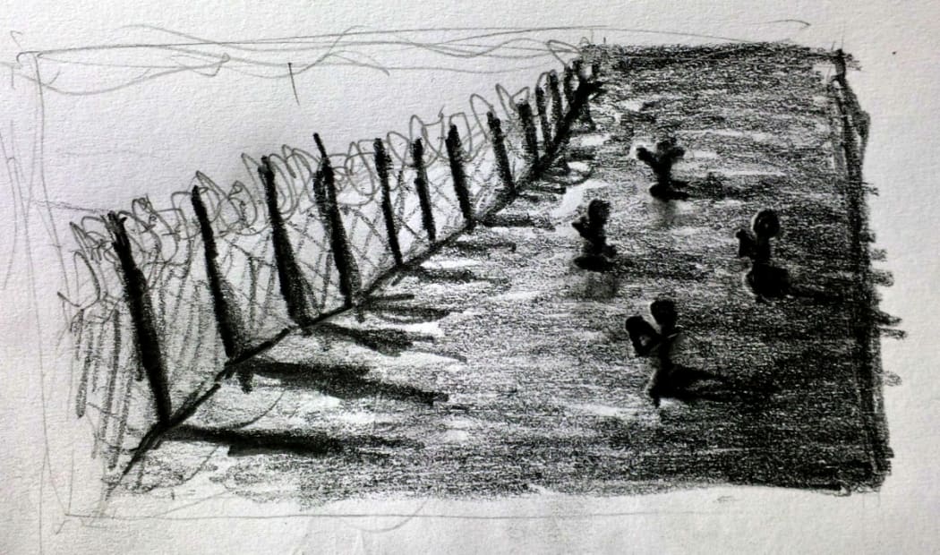 One of two images by Lyndon Hood, linking the conversation about the flag change with calls to increase New Zealand's refugee quota.