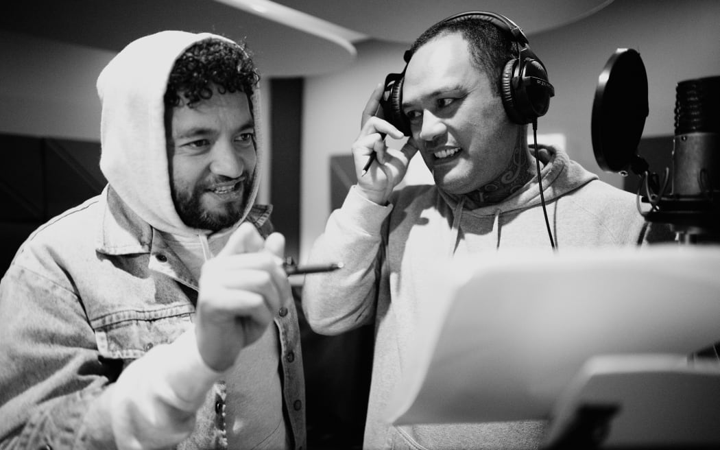 Scotty Cotter, left, and Fran Kora working on Mauri Tau - an audio play celebrating Matariki