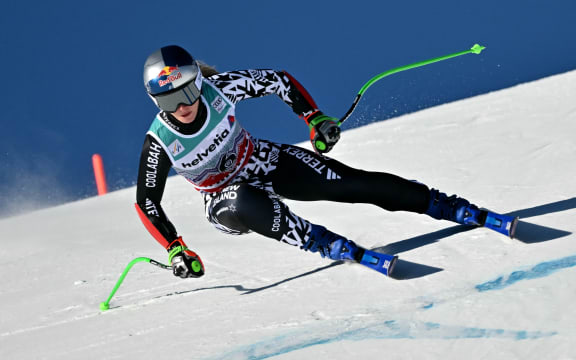 New Zealand's Alice Robinson competes in the Women's Super G event of the FIS Alpine Skiing World Cup 2025-2026, in St. Moritz.