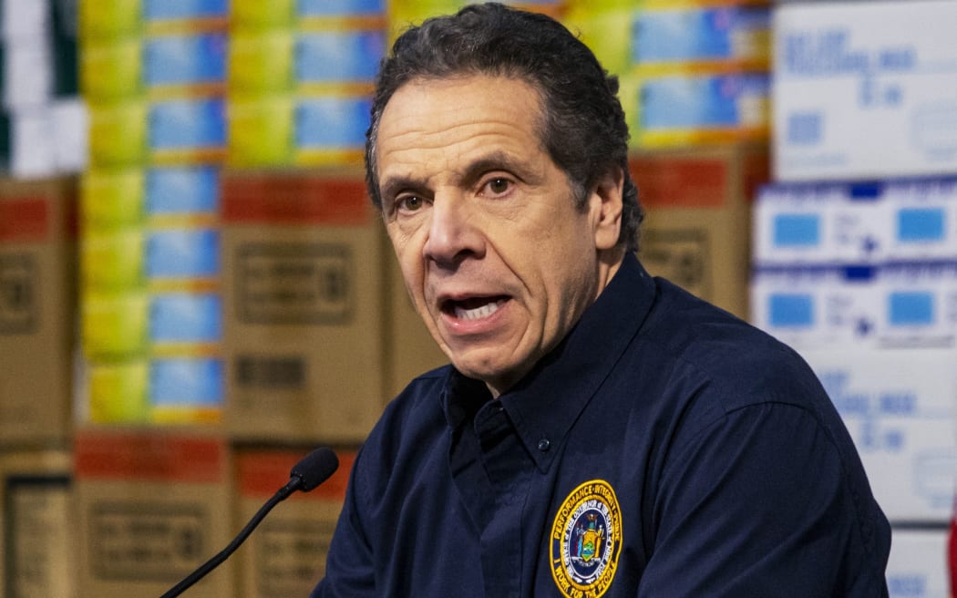 New York Governor Andrew Cuomo speaks to the media at the Javits Convention Center which is being turned into a hospital to help fight coronavirus cases on March 24, 2020 in New York City.