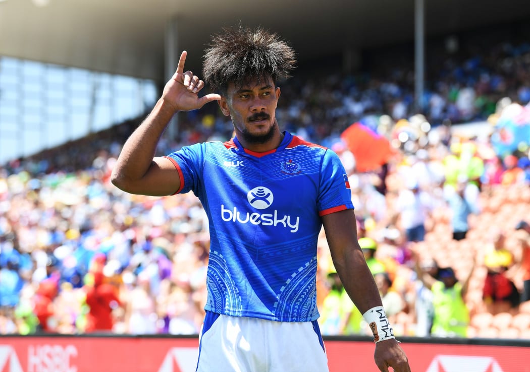 Joe Perez celebrates a rare success for Samoa during the Hamilton Sevens.