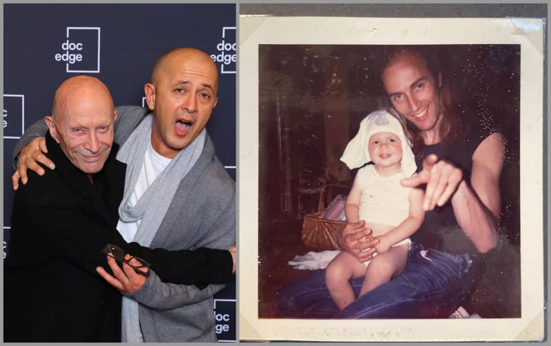 Image of Richard and Linus at the film's DocEdge premiere (left). Right, Richard holds Linus as a baby.