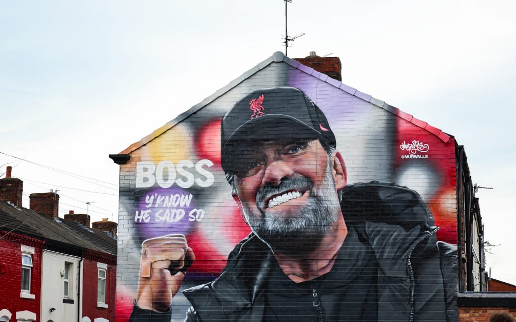 A mural of Jurgen Klopp the head coach / manager of Liverpool seen on the side of a house outside Anfield.