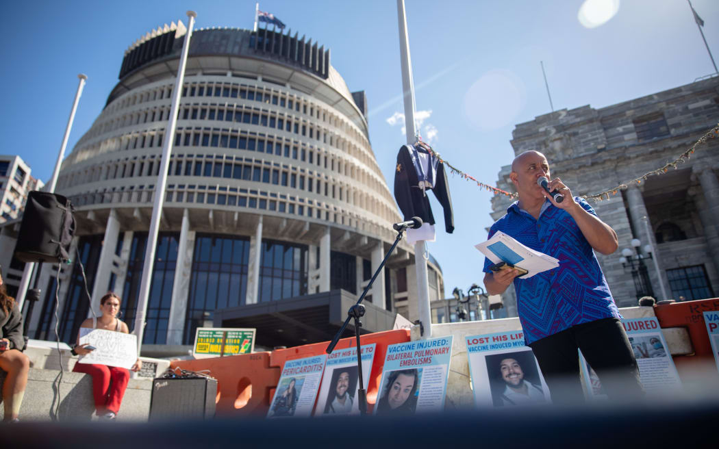 Anti-vaccine, anti-mandate protest in Wellington on Parliament grounds on ninth day - 16 February 2022.