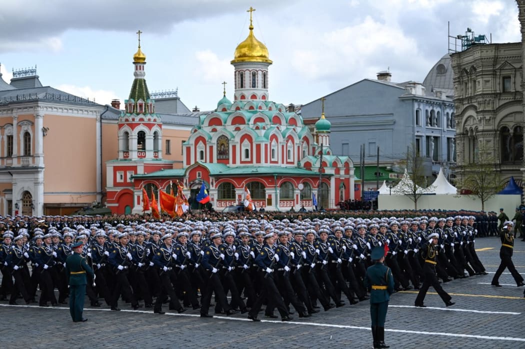 Russian sailors march on Red Square during the Victory Day military parade in central Moscow on May 9, 2022. - Russia celebrates the 77th anniversary of the victory over Nazi Germany during World War II.