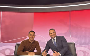 Te Karere presenters Kruze Tangira, left, and Scotty Morrison on set.