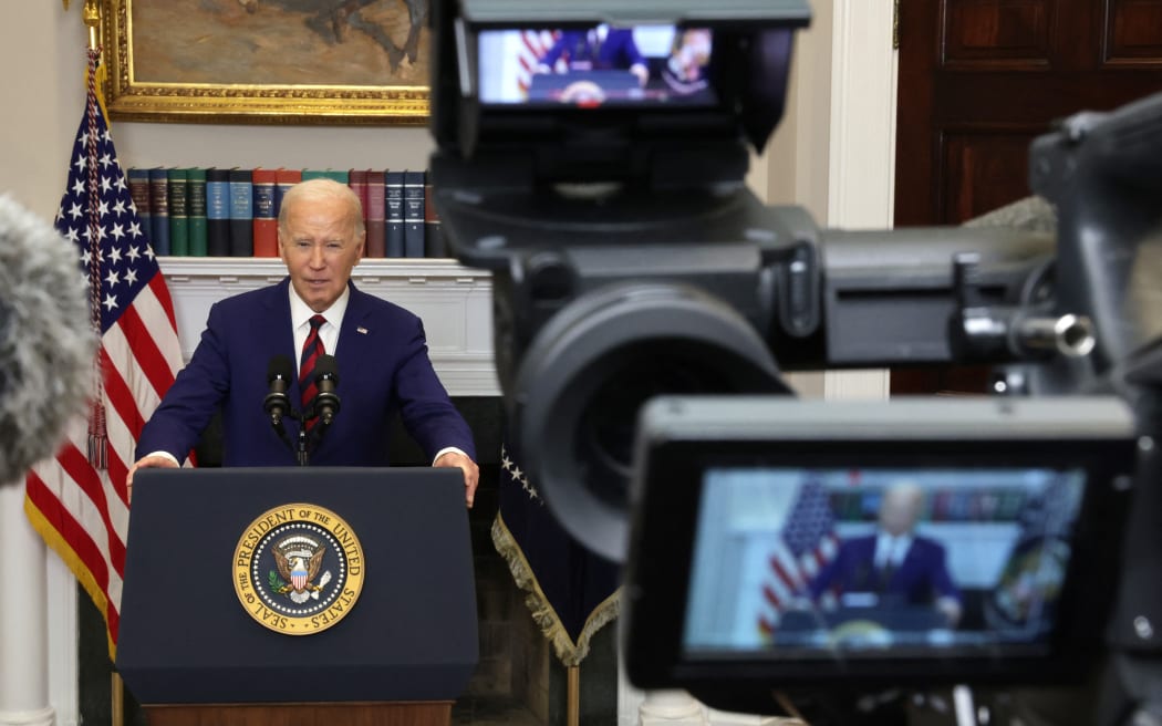 WASHINGTON, DC - MARCH 26: U.S. President Joe Biden delivers remarks on the collapse of Francis Scott Key Bridge in Baltimore, Maryland, in the Roosevelt Room of the White House on March 26, 2024 in Washington, DC. The bridge collapsed after its support column was hit by a container ship overnight. According to reports, rescuers are still searching for multiple people, while two survivors have been pulled from the Patapsco River.   Alex Wong/Getty Images/AFP (Photo by ALEX WONG / GETTY IMAGES NORTH AMERICA / Getty Images via AFP)
