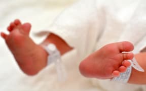 Newborn baby feet with identification bracelet tag name.