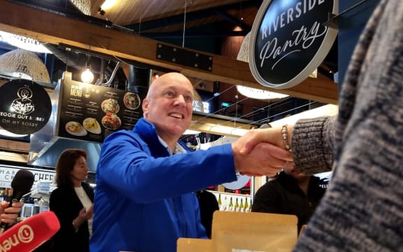 National Party leader Christopher Luxon meets people during a walkabout at Riverside Market in central Christchurch on 14 September, 2023.