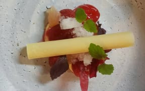 Sidart’s passionfruit custard with raspberry, plum, lemon verbena