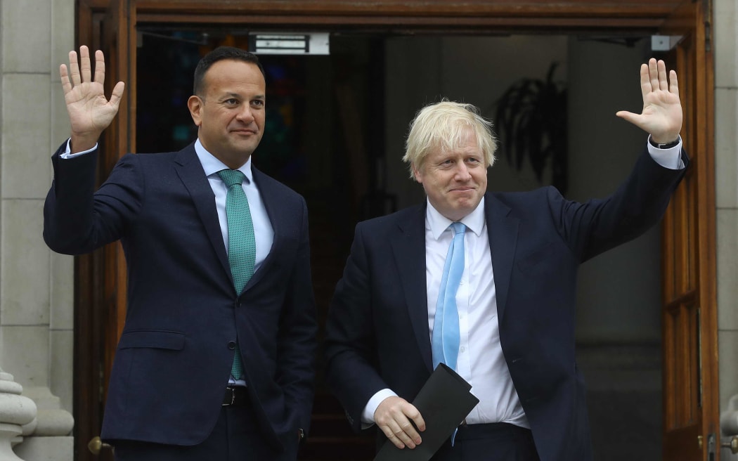 Irish Prime Minister Leo Varadkar, left, and Britain's Prime Minister Boris Johnson before their meeting in Dublin