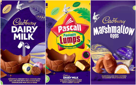 Cadbury chocolate eggs l-r Dairy Milk Easter Egg with Mini Eggs, Pineapple Lumps and Marshmallow Eggs.