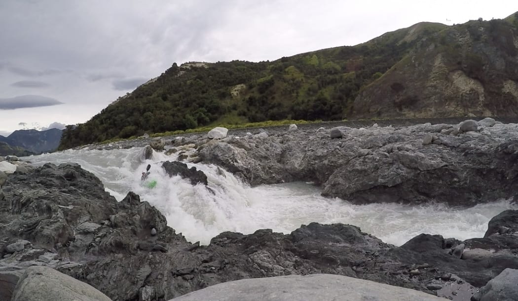 Toby Johnstone kayaks the new Clarence River rapid in Kaikoura.