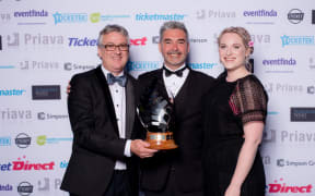 Receiving an EVANZ Award are (left to right) Neil Cox (Isaac Theatre Royal) Matt Davey (Ticket Direct Sponsor) Freya Alexander (Isaac Theatre Royal)