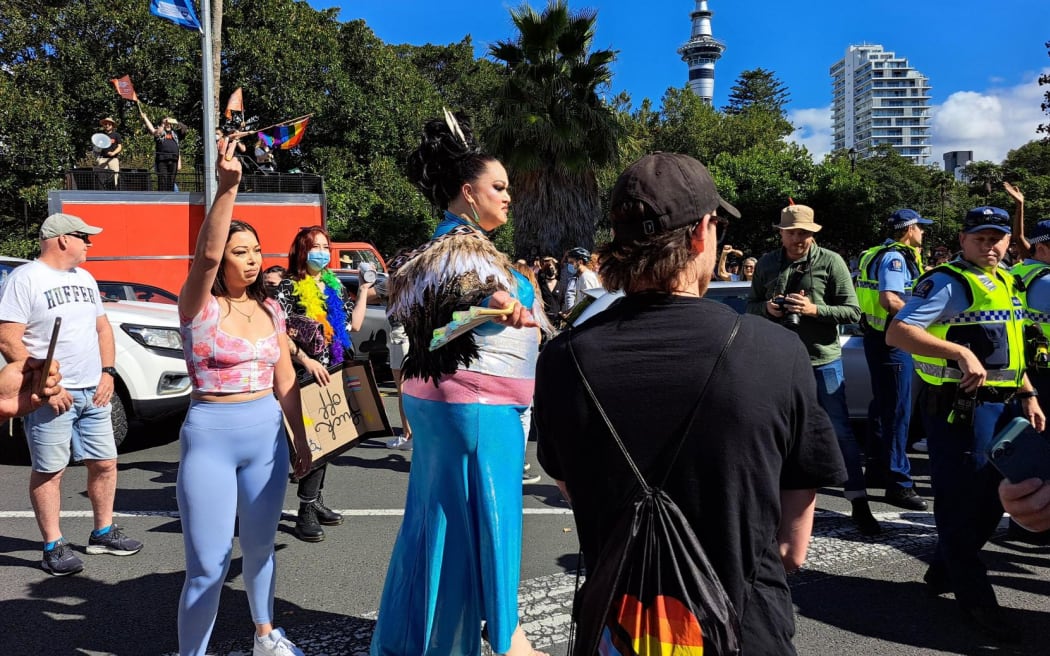 Protestors at the Posie Parker rally in Auckland.