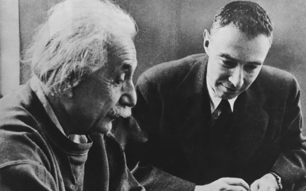 Albert Einstein and Robert Oppenheimer, c. 1950.
