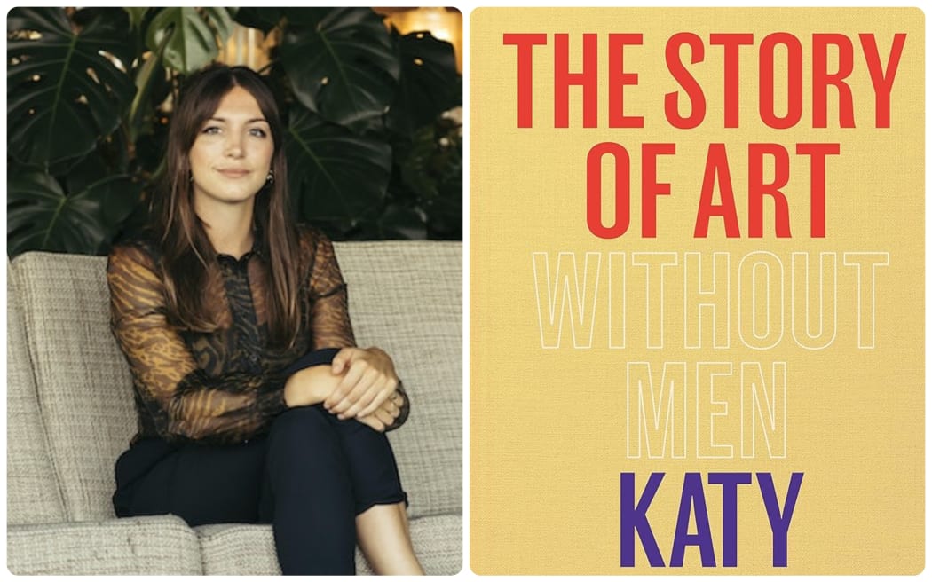 On the left Katy Hessel sits on a grey sofa in front of a houseplant. On the right is the cover of her book "The Story Of Art Without Men". It is a yellow cover with "The story of art" in red and "Without men" in a similar yellow font, so as to render it almost invisible.