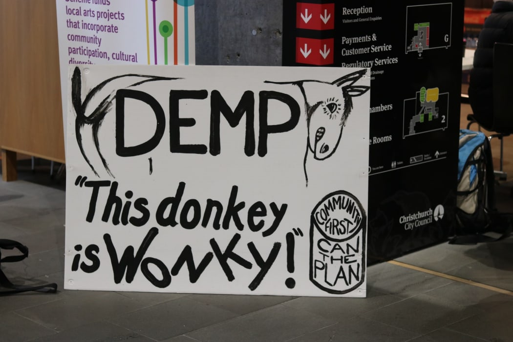 A placard set up by community members in protest over Christchurch's Downstream Effects Management Plan.