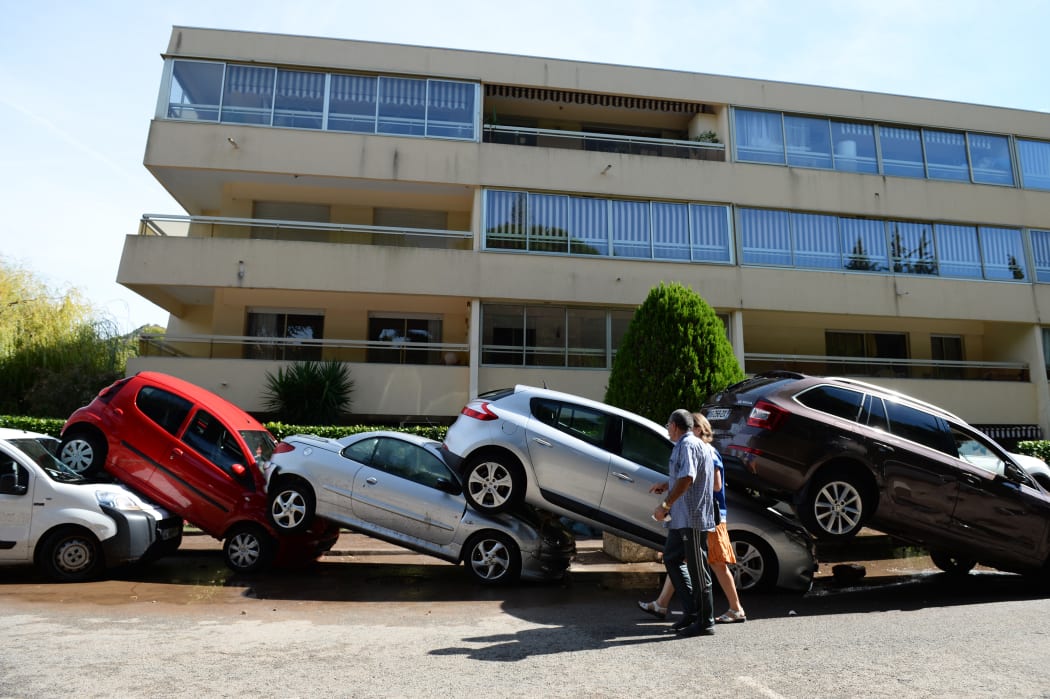 Cars stacked onto one another in Mandelieu-la-Napoule.