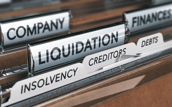 Company liquidation concept. File and tabs with the words insolvency, creditors and debts. 3D illustration