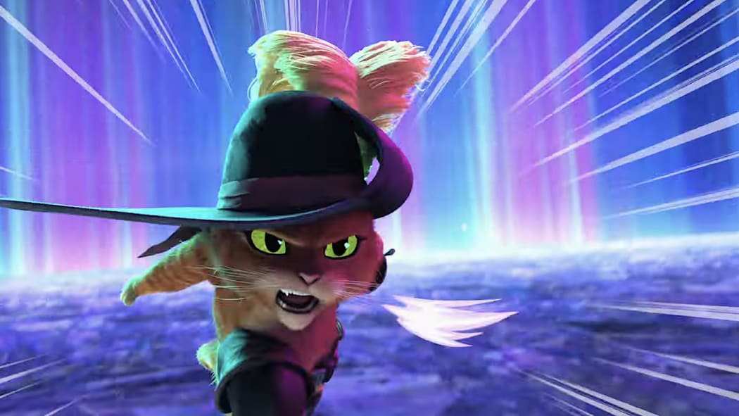 A frame from the film Puss in Boots: The Last Wish showing the stylised animation techniques used