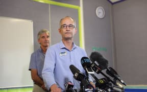Nelson Tasman Civil Defence group controller Roger Ball addresses the briefing this morning.