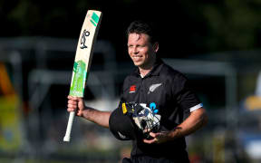Century maker New Zealand's Michael Bracewell celebrates winning runs against Ireland 2022.