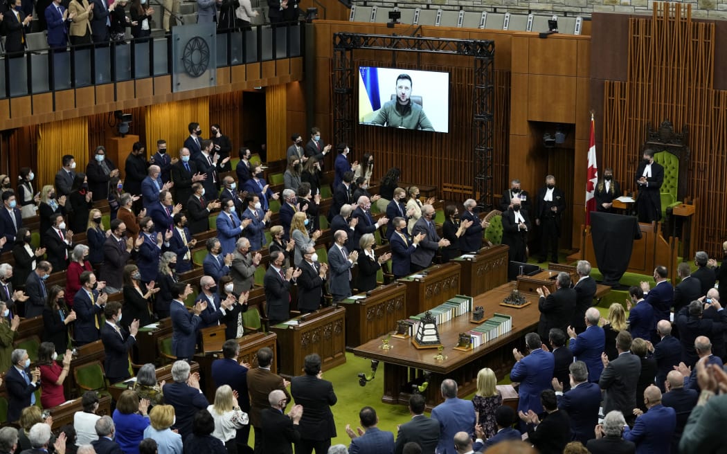 Ukrainian President Volodymyr Zelensky addresses the Canadian Parliament on 15 March 2022.