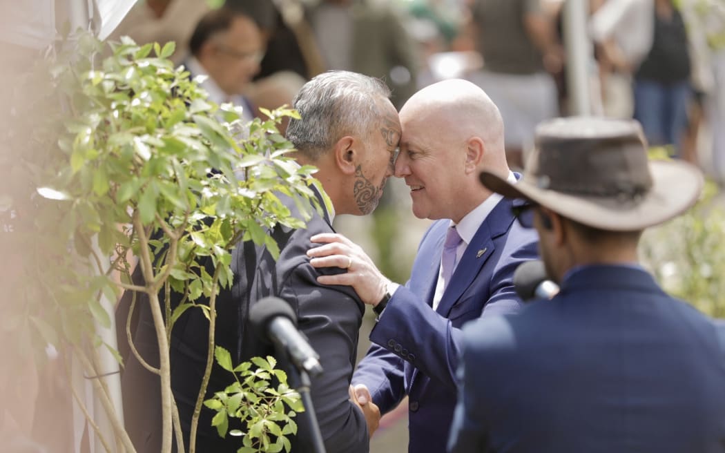 Kamaka Manuel and Christopher Luxon at Rātana in 2025.